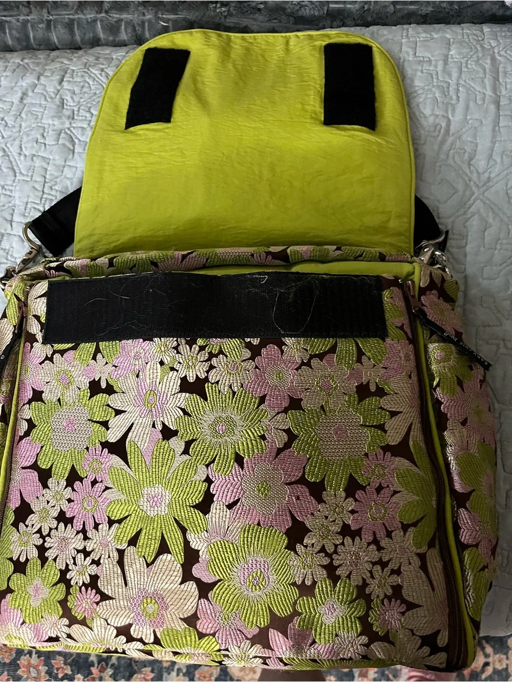 Petunia Pickle Bottom Floral Jacquard Baby Bag in Brown, Pink & Lime